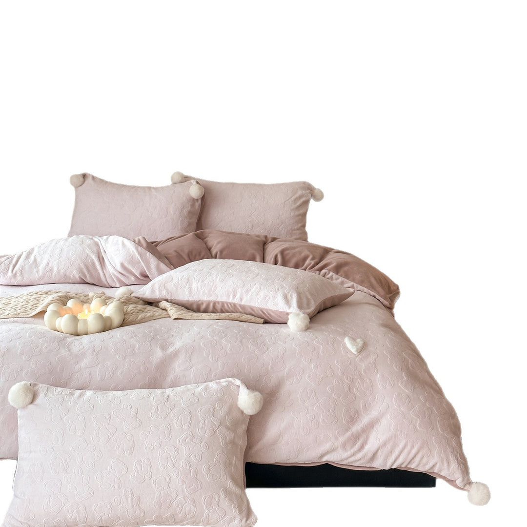 Milk fiber fleece bedding set, thickened, embossed