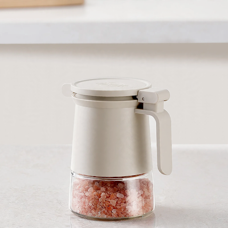 Glass spice container with spoon and desiccant compartment, 350 ml