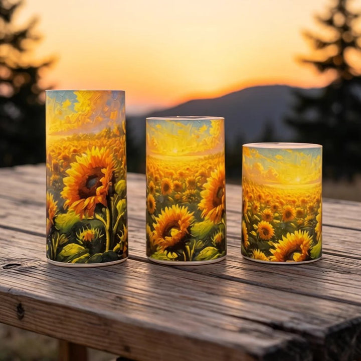 LED Candle Set with Sunflower Design, 3-piece