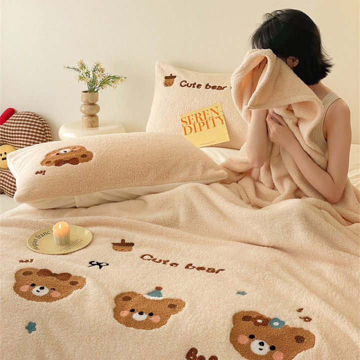 Double-sided lamb fleece blanket with cartoon print