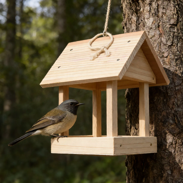 Open birdhouse made of wood as a feeding station