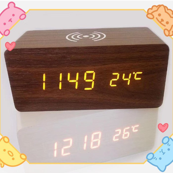Wooden digital alarm clock with wireless charging function for smartphones