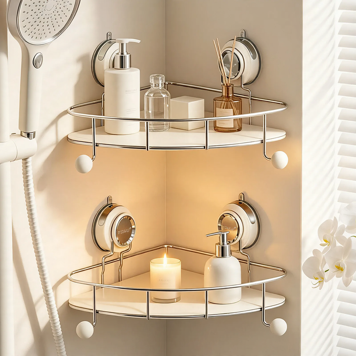 Stainless steel corner shelf with suction cup for bathroom