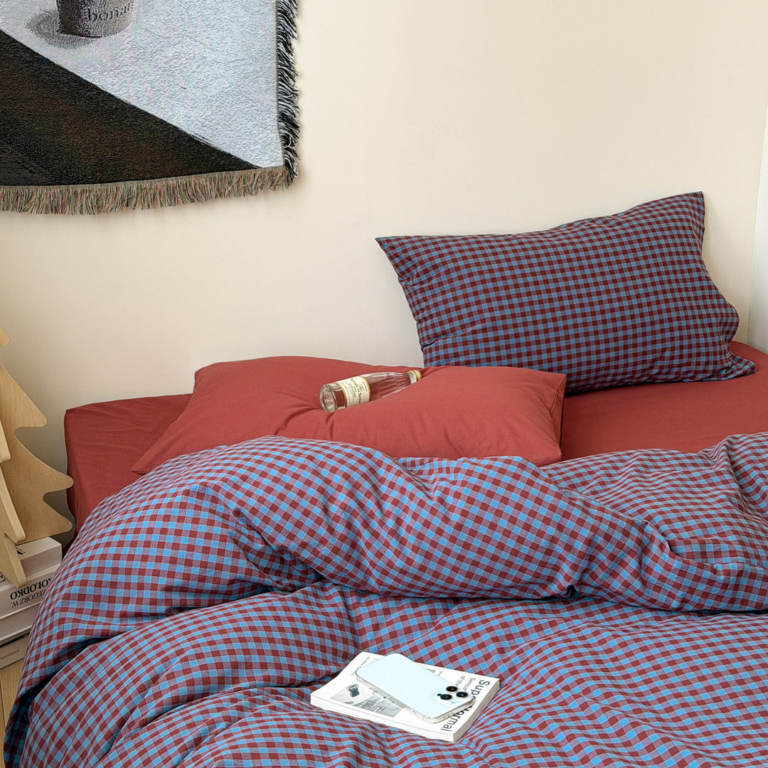 Washed cotton bedding, 4-piece, checkered