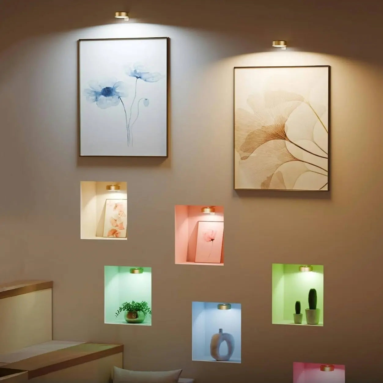 BowLift | 2 + 1 | Wireless Picture Lights – No Drilling, Rechargeable, Color Change with Remote Control