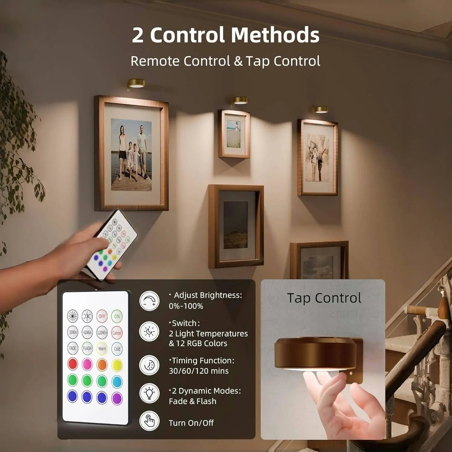 BowLift | 2 + 1 | Wireless Picture Lights – No Drilling, Rechargeable, Color Change with Remote Control