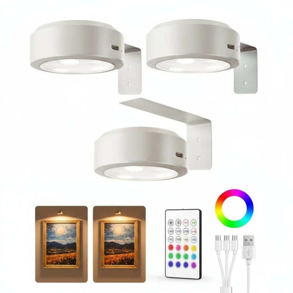 BowLift | 2 + 1 | Wireless Picture Lights – No Drilling, Rechargeable, Color Change with Remote Control