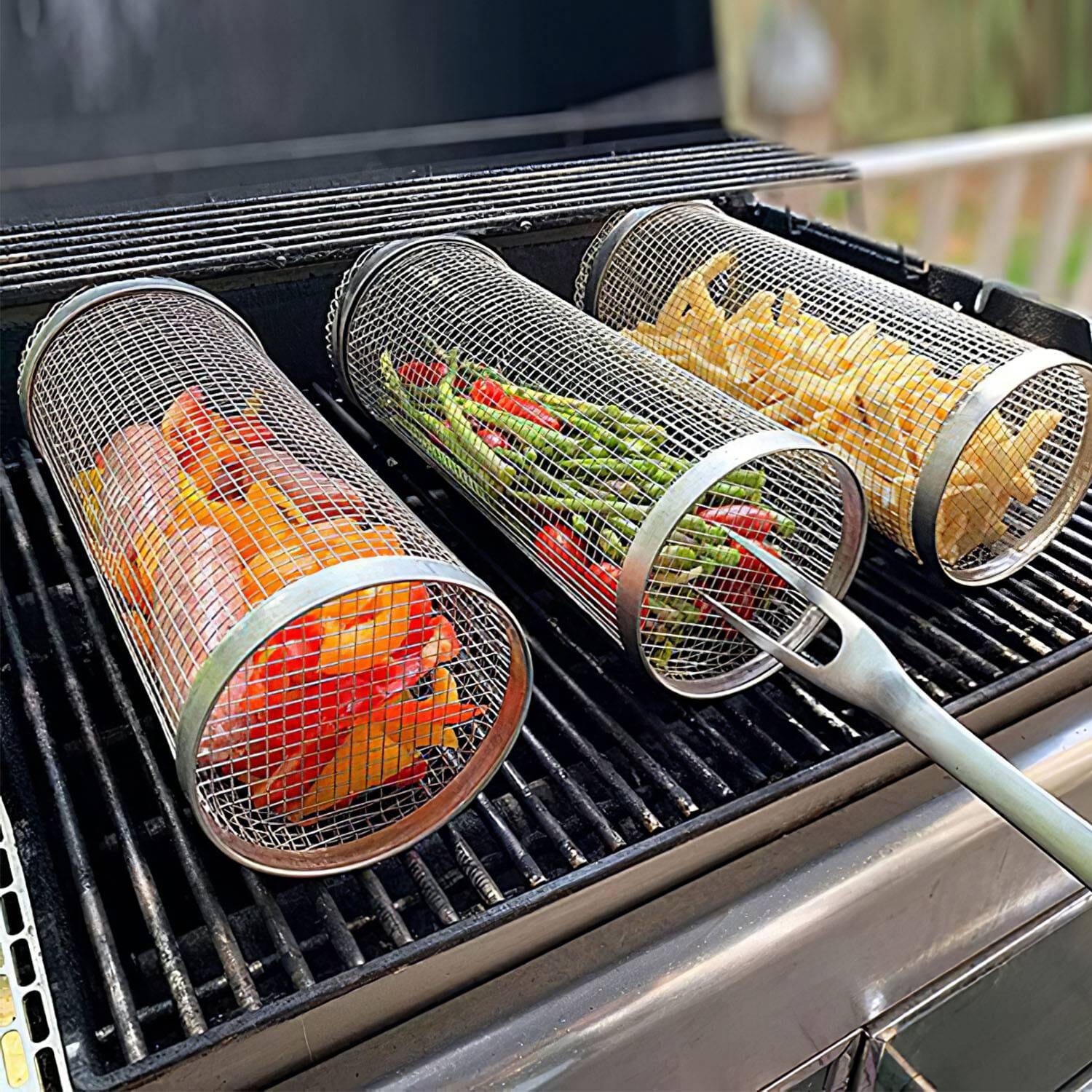 BowLift | 2-piece: Portable BBQ Rolling Basket Round Stainless Steel Grill
