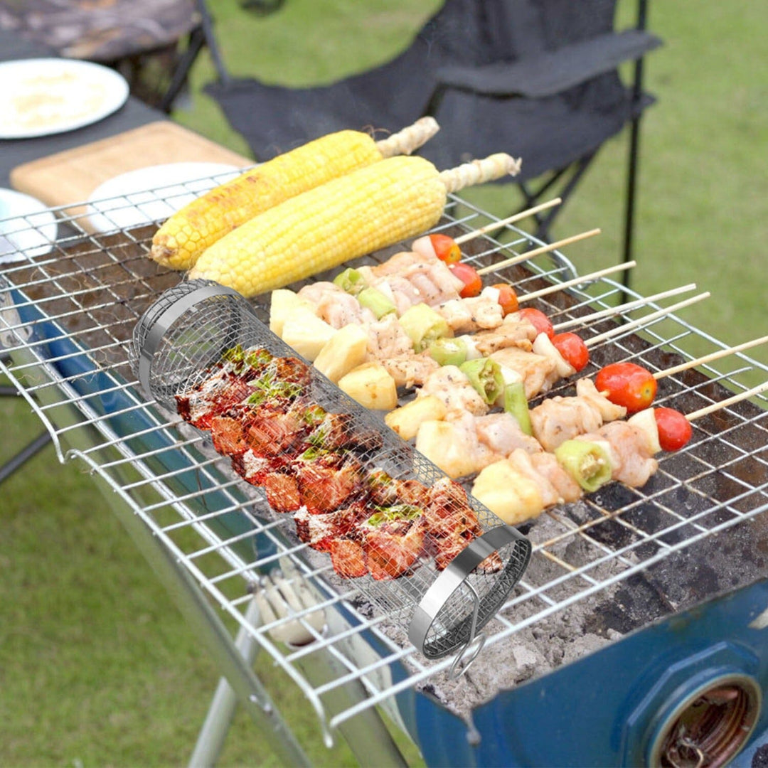 2-piece: Portable BBQ Roll Cart Round Stainless Steel Grill Bowlift