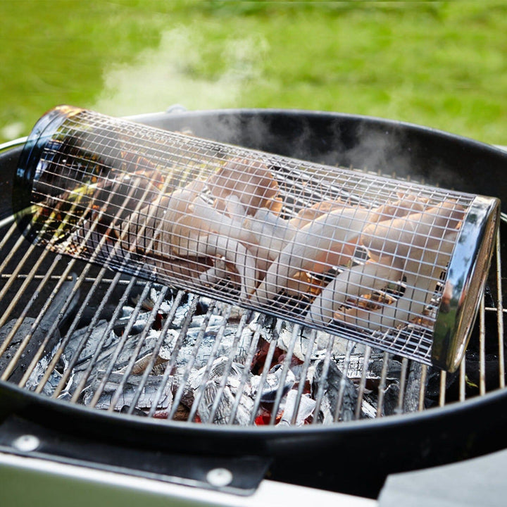 2-piece: Portable BBQ Roll Cart Round Stainless Steel Grill Bowlift
