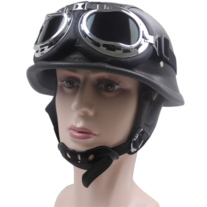 Vintage Leather Motorcycle Helmet with Chrome Goggles Bowlift