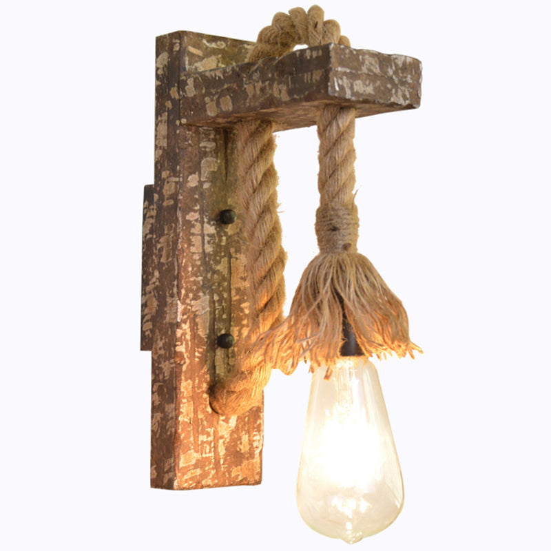 BowLift | 1 Light Bare Bulb Wall Lamp Fixture Warehouse Beige Jute Rope Wall Mounted Light with Wooden Back Plate