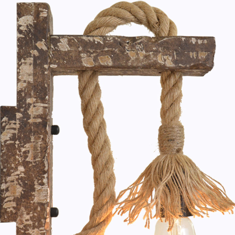 BowLift | 1 Light Bare Bulb Wall Lamp Fixture Warehouse Beige Jute Rope Wall Mounted Light with Wooden Back Plate