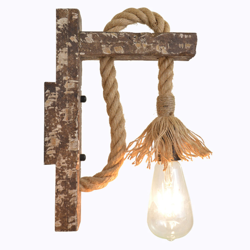 BowLift | 1 Light Bare Bulb Wall Lamp Fixture Warehouse Beige Jute Rope Wall Mounted Light with Wooden Back Plate