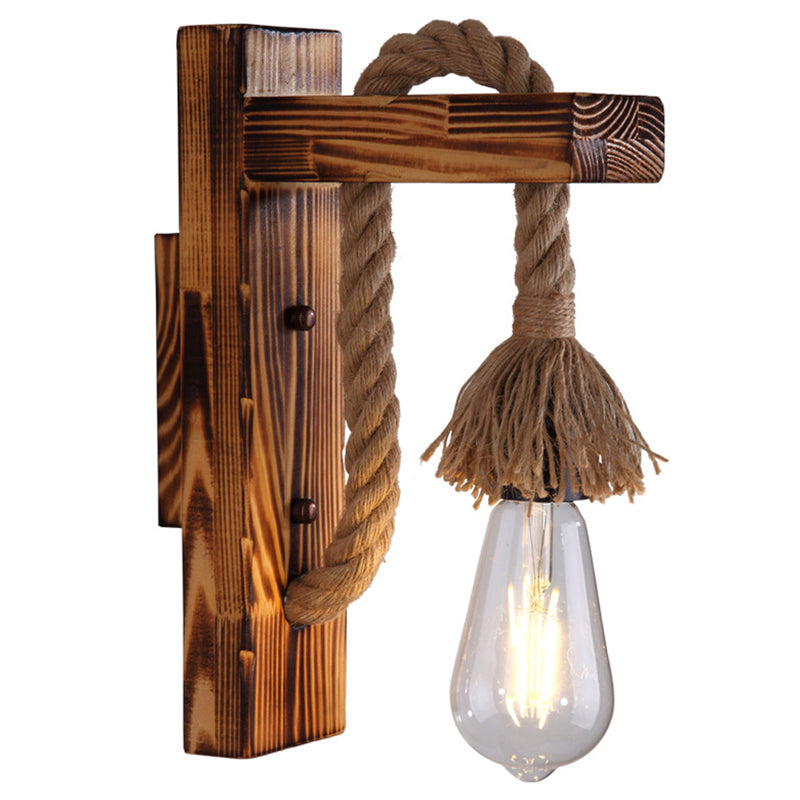 BowLift | 1-Bulb Wood Wall Mounted Lighting Industrial Brown Rectangular Hall Rope Wall Light Set
