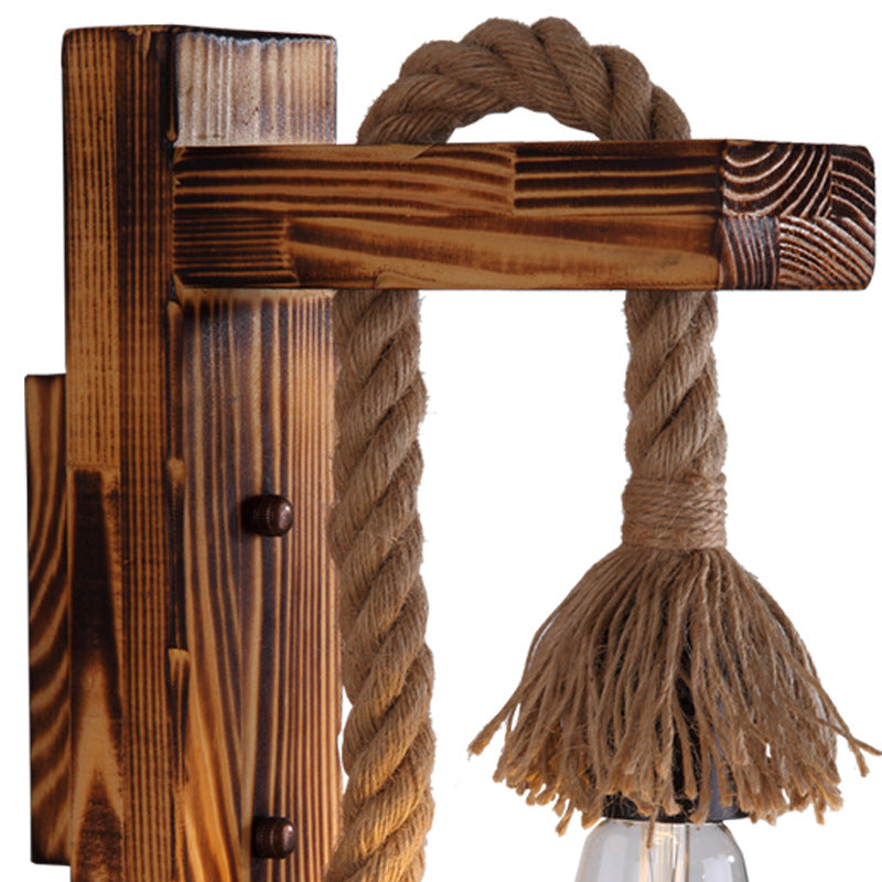 BowLift | 1-Bulb Wood Wall Mounted Lighting Industrial Brown Rectangular Hall Rope Wall Light Set