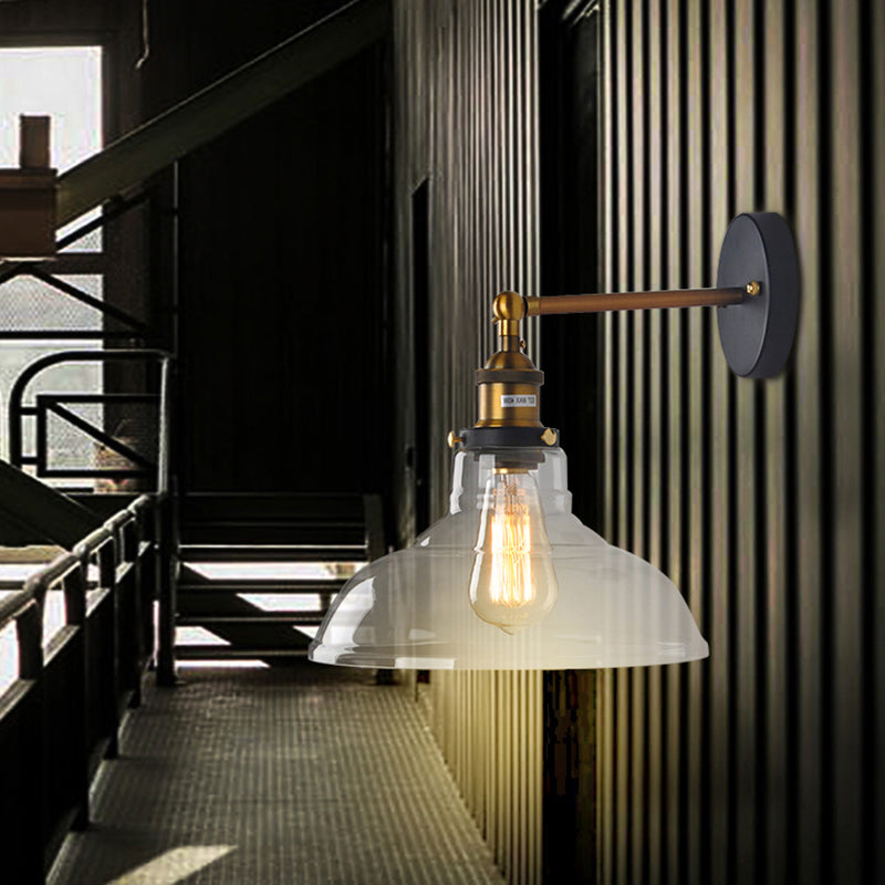 BowLift | 1 Light Geometry Wall Mount Light Industrial Brass Finish Clear Glass Wall Lighting Ideas for the Hallway
