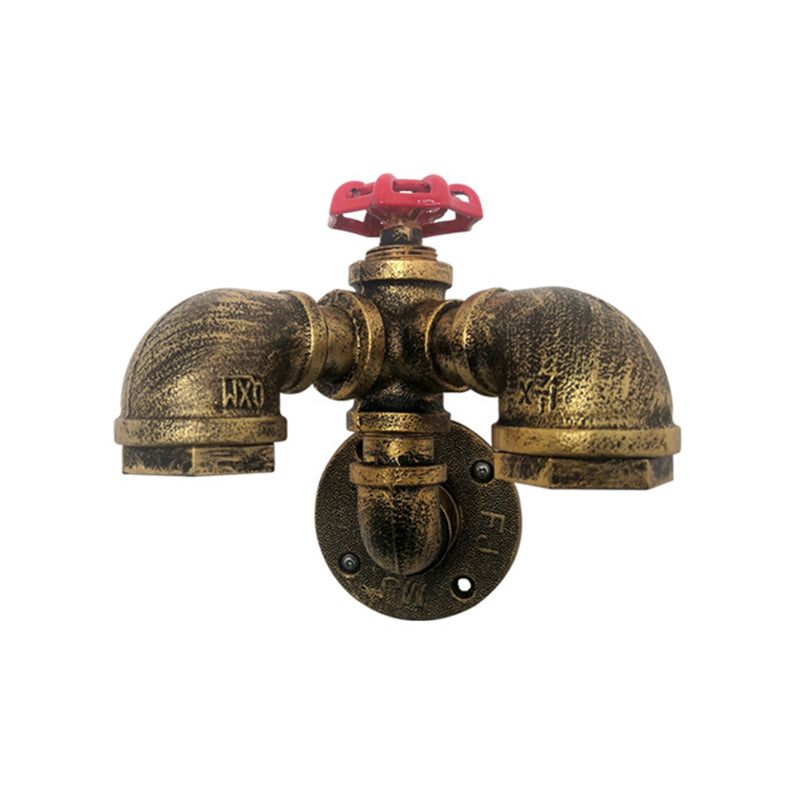 BowLift | Curved Pipe Metal Wall Lighting Factory 2 Heads Dining Room Wall Lamp Sconces in Rust with Valve Decoration