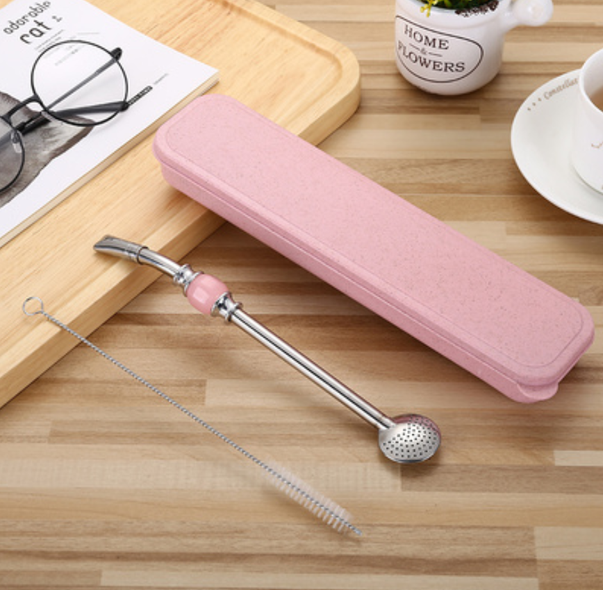BowLift | Stainless Steel Reusable Drinking Straws with Filter Spoon, with Storage Box & Cleaning Brush