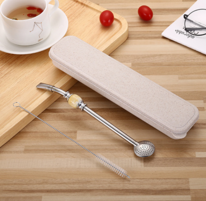 BowLift | Stainless Steel Reusable Drinking Straws with Filter Spoon, with Storage Box & Cleaning Brush