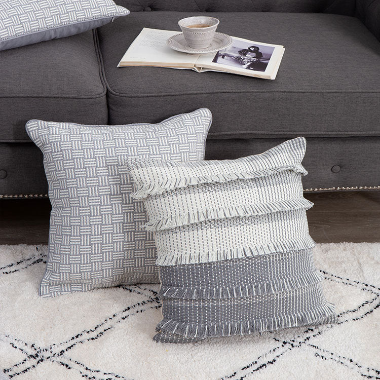 Square cushion cover with striped tufted look and fringe borders