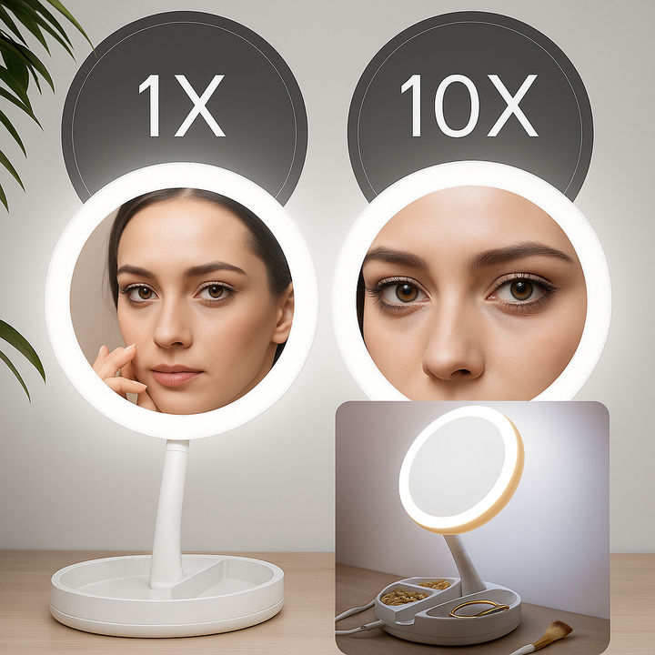Sided Magnifying Mirror – LED Illumination – 10× Magnification – Makeup & Tweezing Bowlift