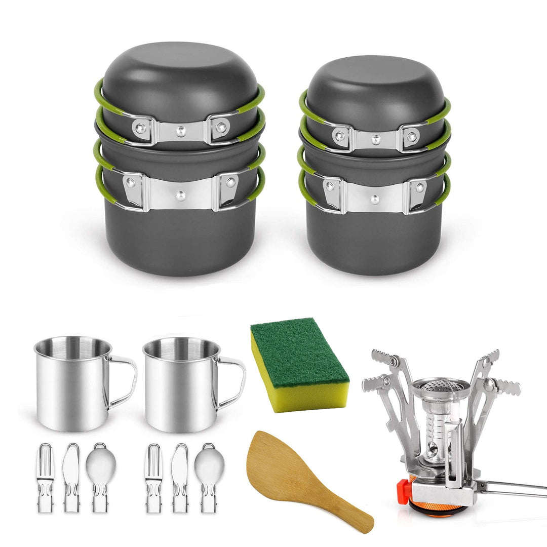 lightweight portable camping cookware and compact backpacking stove set with nonstick nesting pots folding handles stainless steel cup and nesting utensils Bowlift
