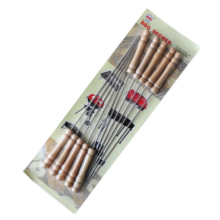 Stainless Steel BBQ Skewer Set with Dual Prong Blades and Ergonomic Wooden Handles Bowlift