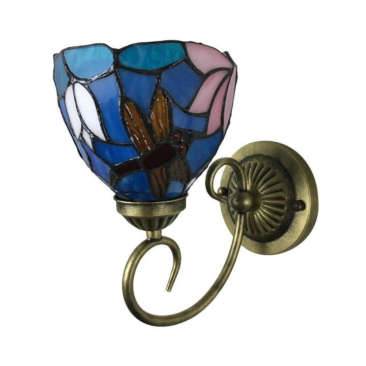 BowLift | 1 Lamp Wall Lamp Sconces Victorian Bowl Yellow Glass Dragonfly Pattern Wall Lighting in Brass