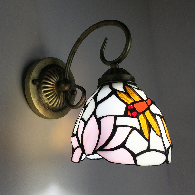 BowLift | 1 Lamp Wall Lamp Sconces Victorian Bowl Yellow Glass Dragonfly Pattern Wall Lighting in Brass
