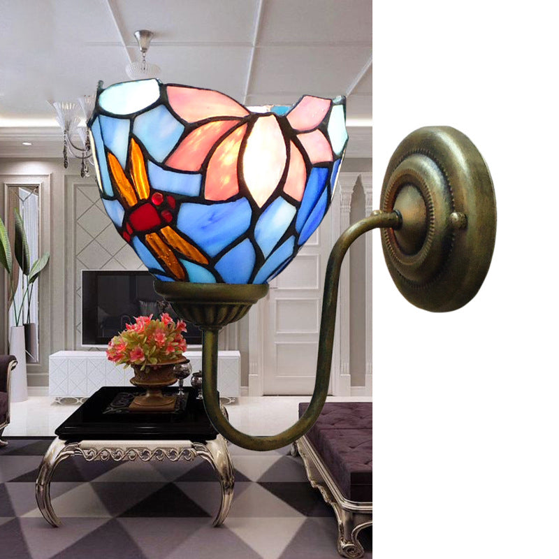 BowLift | 1 Lamp Wall Lamp Sconces Victorian Bowl Yellow Glass Dragonfly Pattern Wall Lighting in Brass