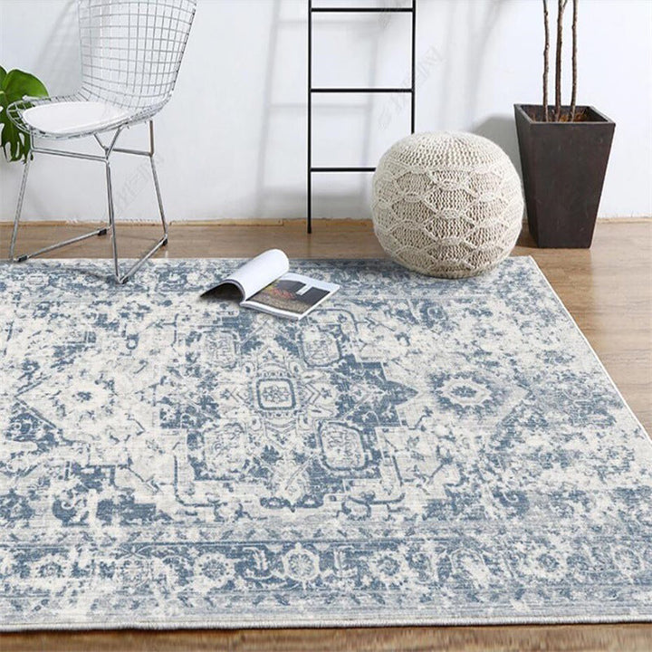 BowLift | Stonewashed Light Blue Flower Carpet Polyester Moroccan Carpet Non-Slip Back Stain Resistant Machine Washable Carpet for Lounge Area