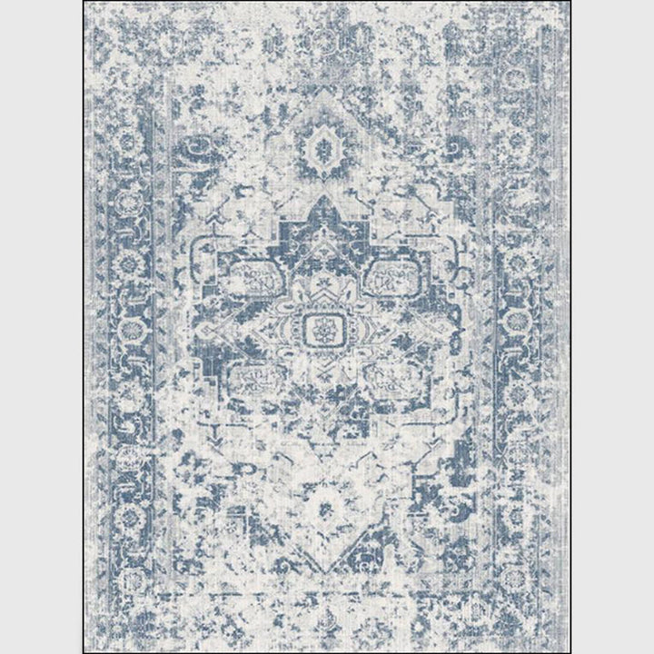Washed white light blue floral rug polyester Moroccan rug non-slip backing stain resistant machine washable rug for the living room | Bowlift
