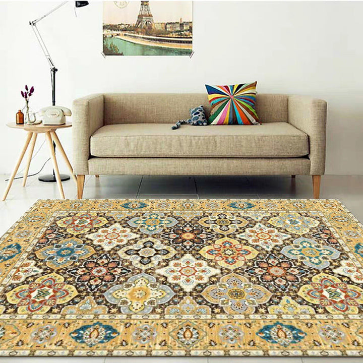 Persian quatrefoil pattern rug gold polypropylene area rug machine washable stain resistant non-slip backing rug for living room | Bowlift