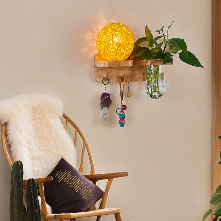 BowLift | Ball-shaped Nightstand Lamp Rattan 1-Light Modern Wall Lamp with Pull Switch in Wood