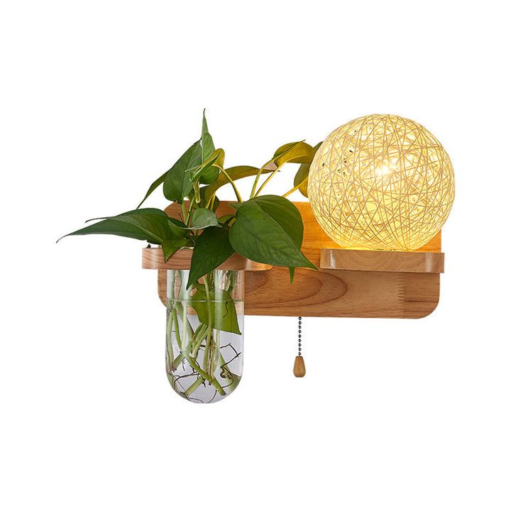 BowLift | Ball-shaped Nightstand Lamp Rattan 1-Light Modern Wall Lamp with Pull Switch in Wood