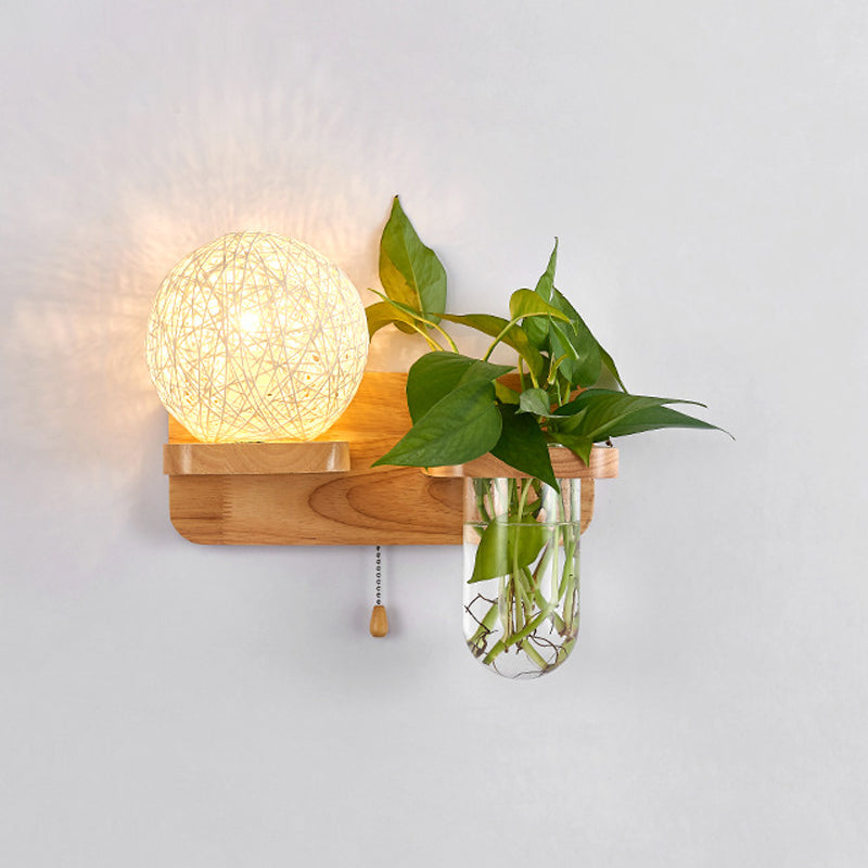 BowLift | Ball-shaped Nightstand Lamp Rattan 1-Light Modern Wall Lamp with Pull Switch in Wood