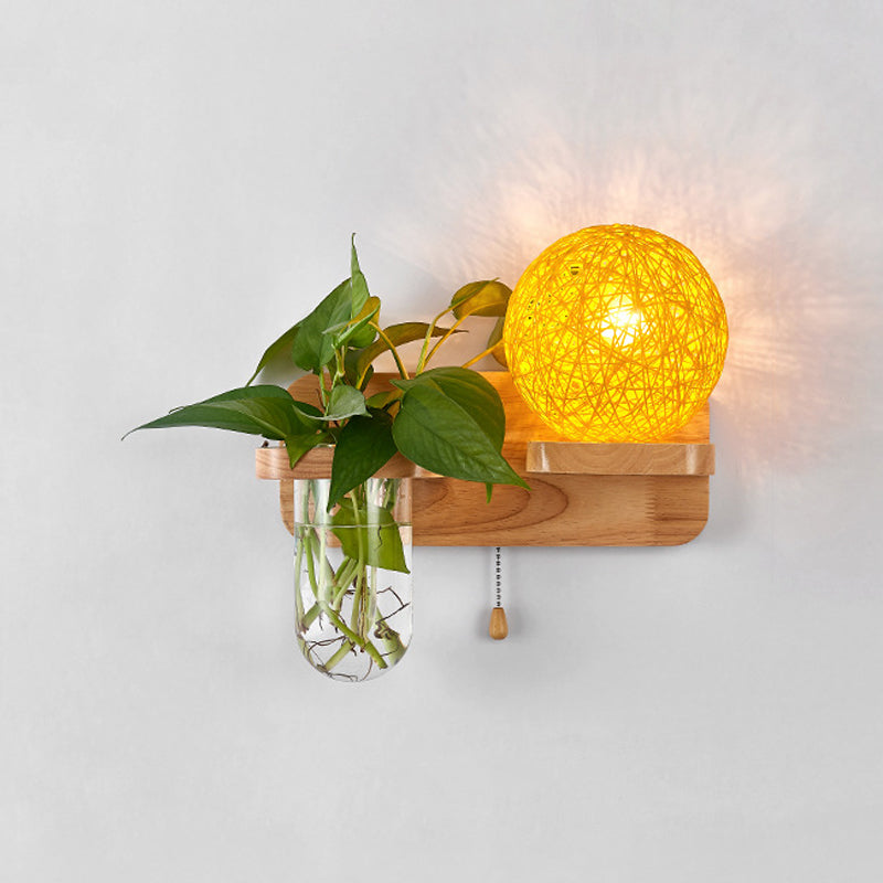 BowLift | Ball-shaped Nightstand Lamp Rattan 1-Light Modern Wall Lamp with Pull Switch in Wood