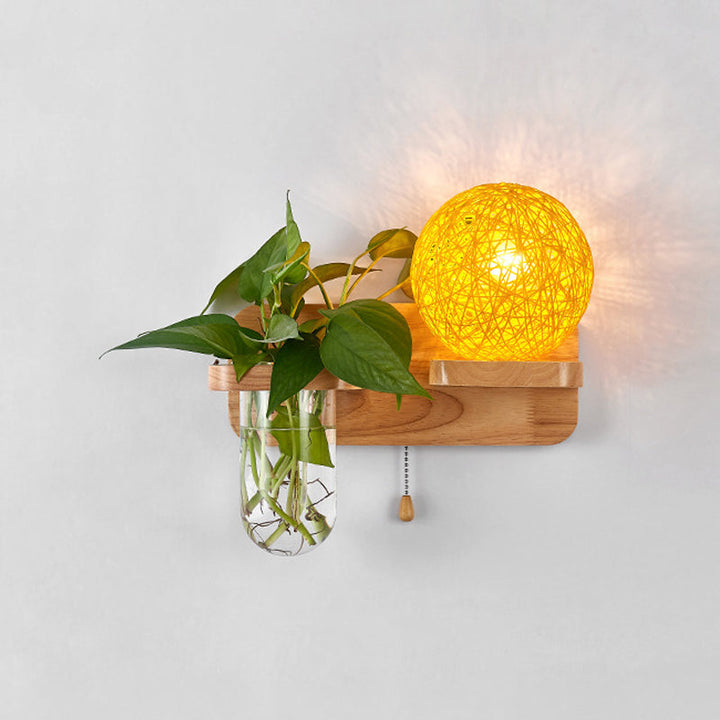 BowLift | Ball-shaped Nightstand Lamp Rattan 1-Light Modern Wall Lamp with Pull Switch in Wood