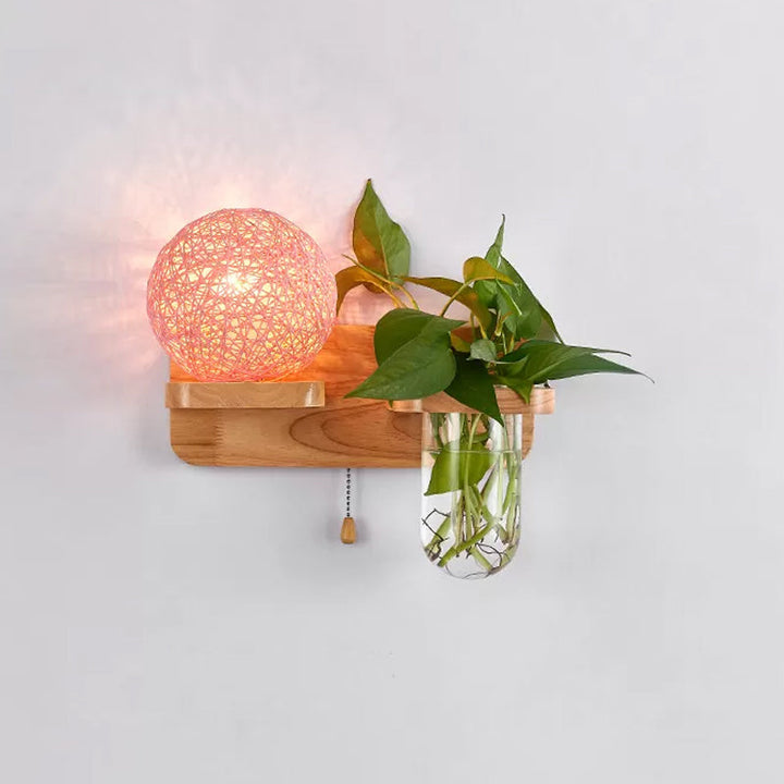 BowLift | Ball-shaped Nightstand Lamp Rattan 1-Light Modern Wall Lamp with Pull Switch in Wood