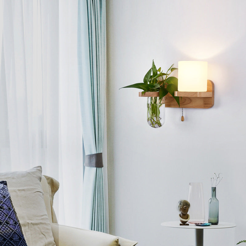 BowLift | Geometric Pull Chain Wall Light Simplicity White Glass Single Hall Wall Mounted Lamp in Wood