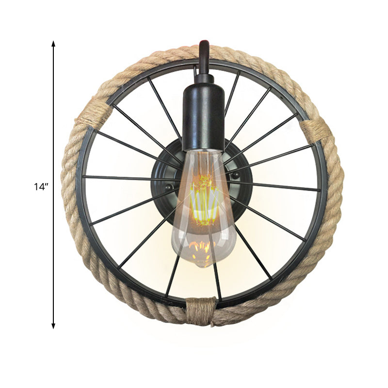 BowLift | 1 Light Open Bulb Wall Lamp Industrial Black Rope Wall Mounted Lamp with Wheel Shape