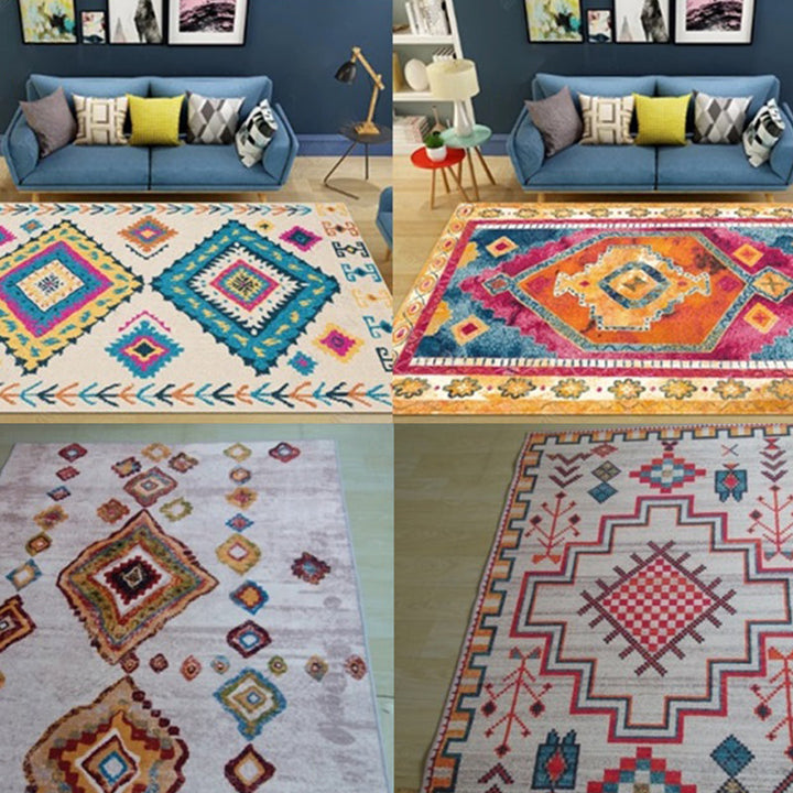 Colorful Moroccan style rug polyester geometric pattern rug non-slip back machine washable dirt repellent rug for indoor use | Bowlift