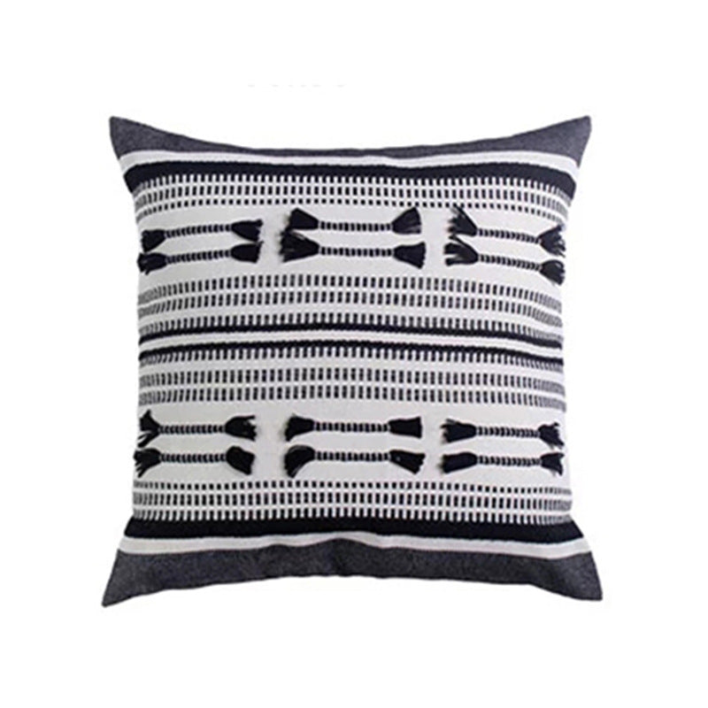 Handwoven square decorative cushion cover with tuft appliqués and boho stripes