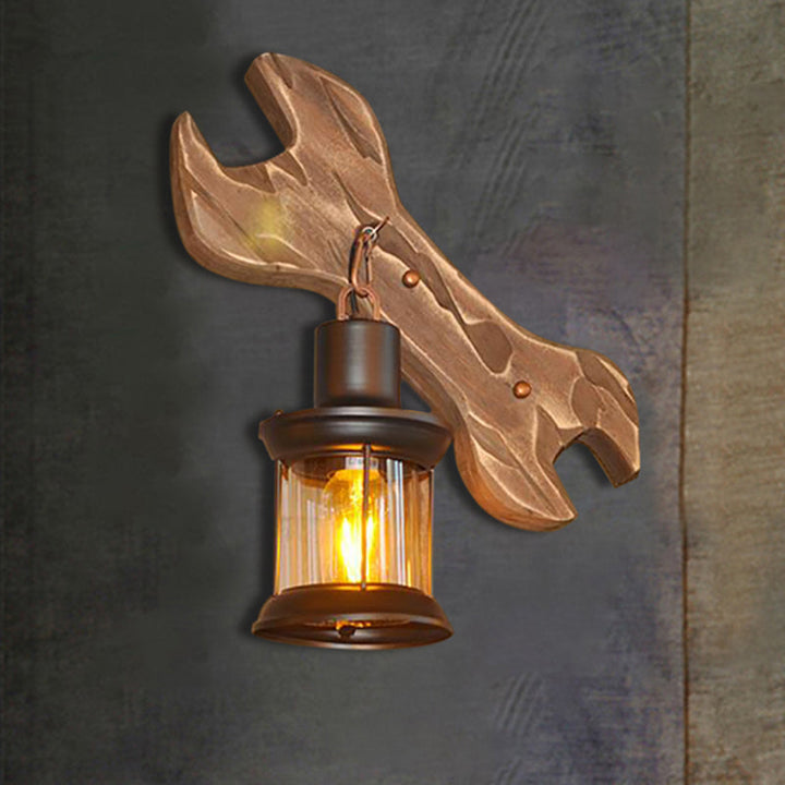 BowLift | Lantern Indoor Wall Lighting Rustic Style Clear Glass 1 Light Black Wall Lamp with Wooden Backplate
