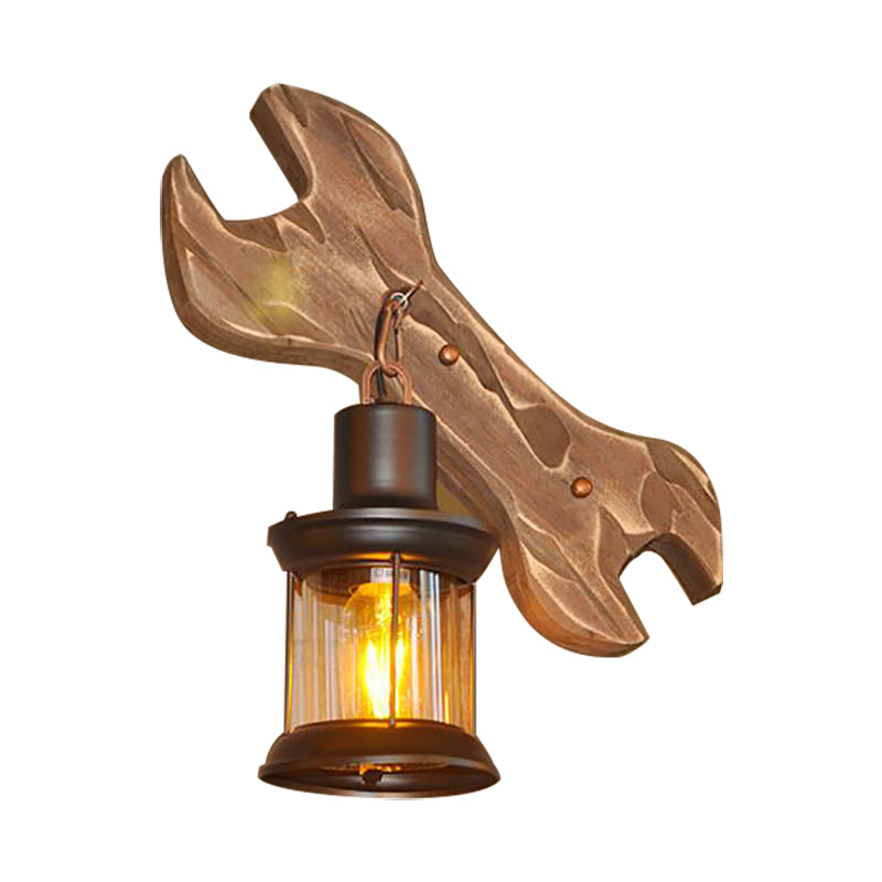BowLift | Lantern Indoor Wall Lighting Rustic Style Clear Glass 1 Light Black Wall Lamp with Wooden Backplate
