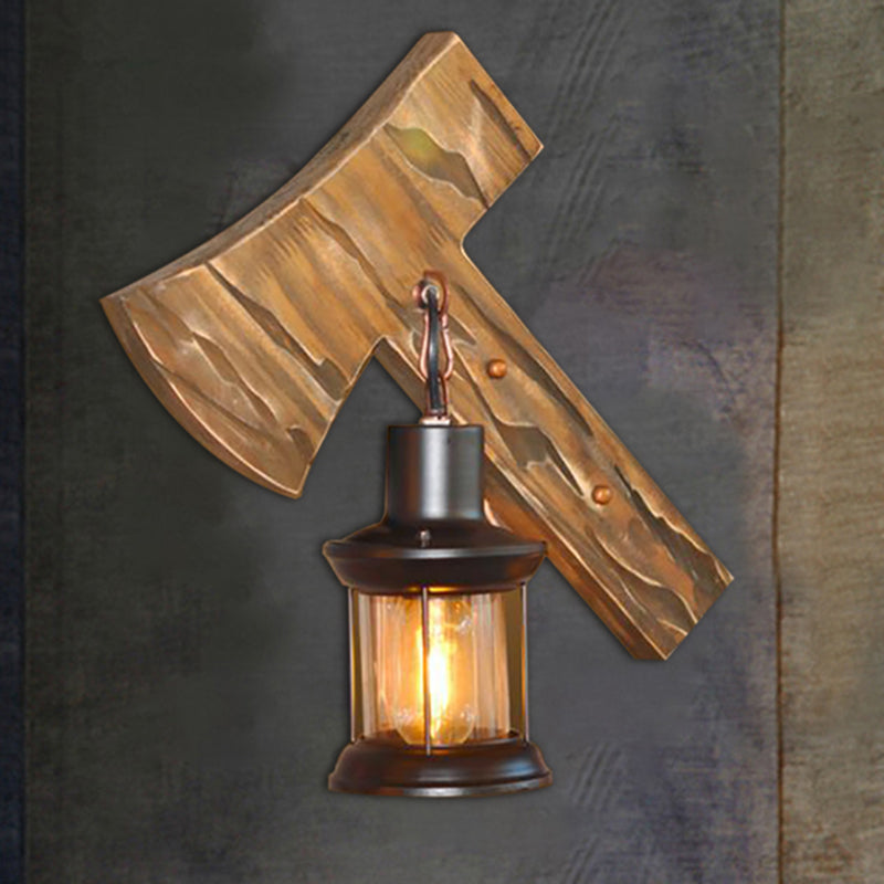 BowLift | Lantern Indoor Wall Lighting Rustic Style Clear Glass 1 Light Black Wall Lamp with Wooden Backplate