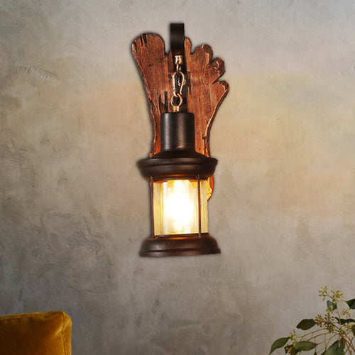 BowLift | Kerosene Dining Room Wall Lamp Coastal Clear Glass 1 Light Black Wall Lamp Light Fixture with Wooden Base/Axe Backplate