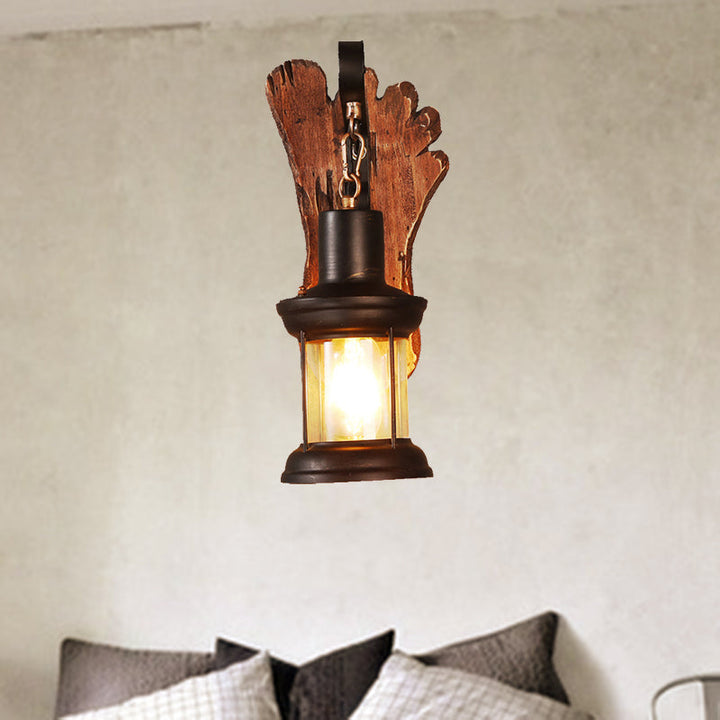 BowLift | Kerosene Dining Room Wall Lamp Coastal Clear Glass 1 Light Black Wall Lamp Light Fixture with Wooden Base/Axe Backplate