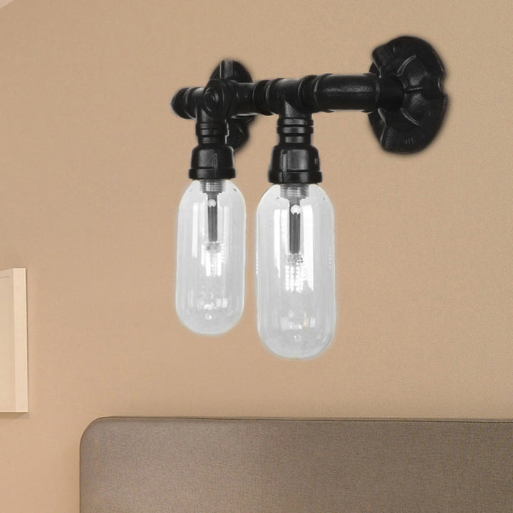 BowLift | Metal Oval Shadow Wall Lamp Industrial 2 Lights Bedroom Wall Mounted Pipe Light in Black